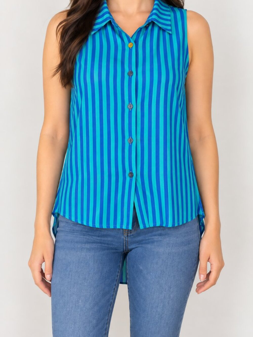 Blue Turquoise Striped Sleeveless High Low Blouse Size M